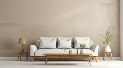 Fototapeta na wymiar Contemporary Living Space Featuring Beige Sofa and Wooden Coffee Table