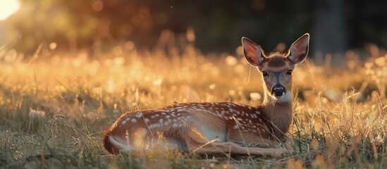 A deer is laying down in a field of grass during the evening time The scene captures the peaceful moment as the deer relaxes in its natural habitat 