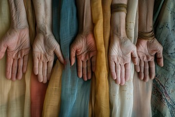 Hands of different generations against a backdrop of colorful textiles, symbolizing diversity and unity - obrazy, fototapety, plakaty