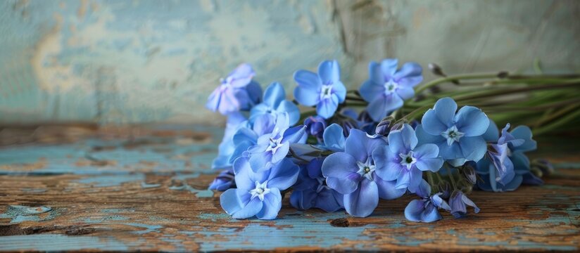 A bunch of blue Cape leadwort flowers is neatly arranged on top of a vintage table creating a simple yet charming display The vibrant blue petals contrast beautifully against the textured surface 