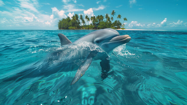 portrait of one dolphin breaching the water's surface with tropical island in the background ,generative ai