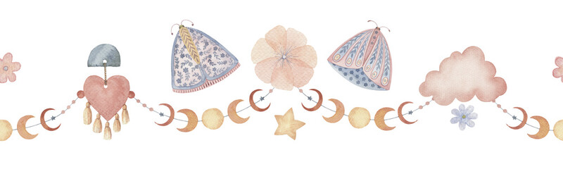 Boho butterflies with moon phases garland isolated seamless border. Hand painted watercolor cute floral illustration with heart and cloud in neutral colors for baby nursery design.