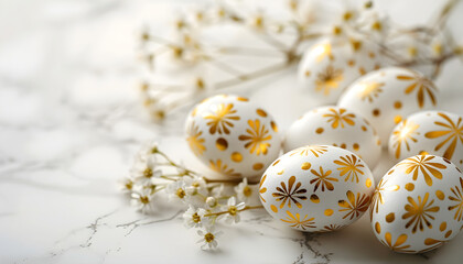 Beautiful easter background with painted golden decoration on easter eggs on white table, top view and flat lay style