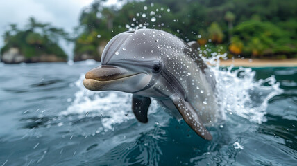 Obraz premium portrait of one dolphin breaching the water's surface with tropical island in the background ,generative ai