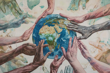 Artistic rendition of diverse hands united around a vibrantly painted globe, illustrating global togetherness and cultural unity