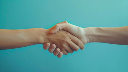 Two people shaking hands on blue background