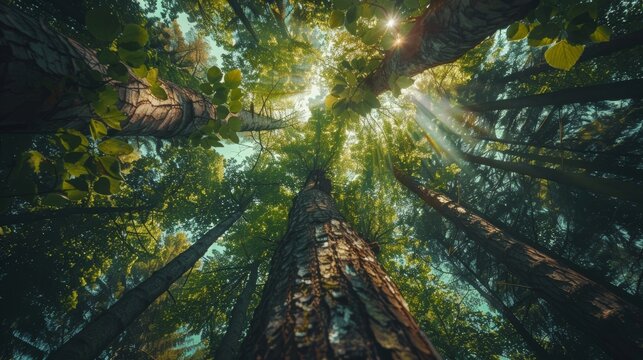 Looking up at the green tops of trees, sunbeams, nature photography, breathe, inner peace or calm, 16:9