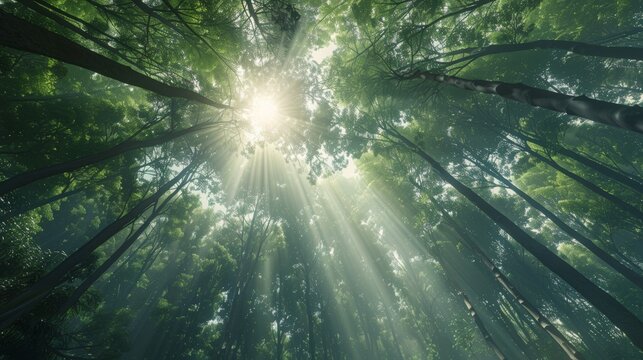 Looking up at the green tops of trees, sunbeams, nature photography, breathe, inner peace or calm, 16:9
