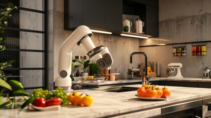 Fototapeta na wymiar A robotic arm operates as a kitchen assistant, skillfully preparing a meal amidst a modern kitchen environment, showcasing smart home automation.