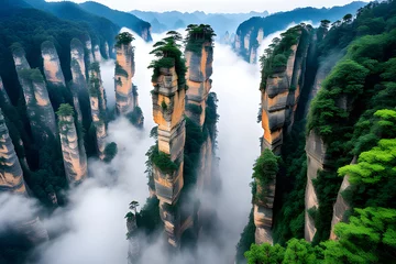 Fotobehang The mesmerizing beauty of China s Zhangjiajie National Forest Park, with towering sandstone pillars shrouded in mist © Big