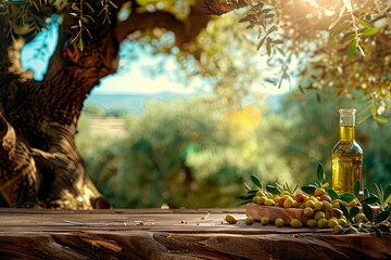 bottle with olive oil with olives and leaves on the wooden table under the olive tree