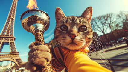 A cat in sportswear taking a selfie and holding the olympic flame in Paris for the 2024 olympic games close to the Eiffel tower in daylight.  