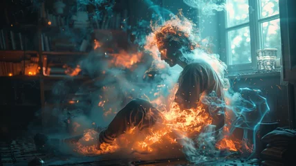 Fotobehang Portrait of inner turmoil: A man contemplates in flames, a visual metaphor for the anguish of living with anxiety,generative ai © Suralai