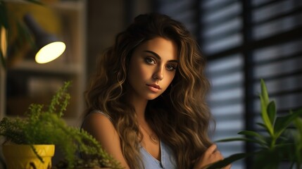 Fototapeta premium Beautiful young woman with freckles and a model appearance taking care of her plants in a home garden