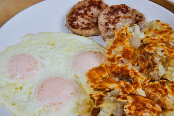 Hearty American Breakfast Plate with Eggs, Hash Browns, and Sausage