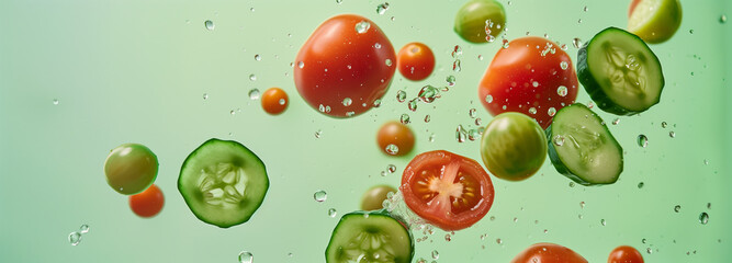 Tomatoes and cucumbers in the air, water spray, light green background