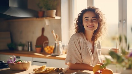 Beautiful young woman with freckles and a model appearance trying out a new recipe in her cozy kitchen - obrazy, fototapety, plakaty