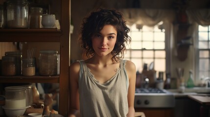 Beautiful young woman with freckles and a model appearance trying out a new recipe in her cozy kitchen - obrazy, fototapety, plakaty