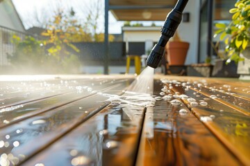 Power washing the terrace with a high-pressure water cleaner. Close-up view of the high water pressure cleaning on the wooden terrace surface.