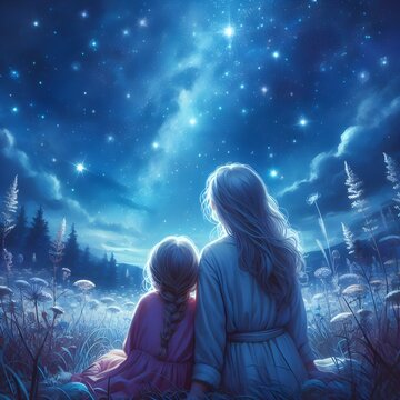 Mom And Child Sitting Under Stars Looking Up At Starry Night Sky Illustration, Mother's Love Concept
