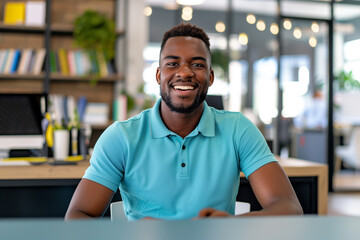 smiling black male staff at work wearing blue polo collar shirt in office	