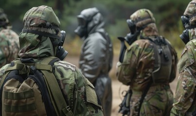 Fototapeta premium soldiers with nuclear radiation protective equipment
