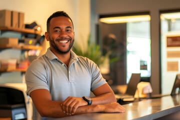 smiling brown male staff at work help desk wearing gray polo collar shirt in office	