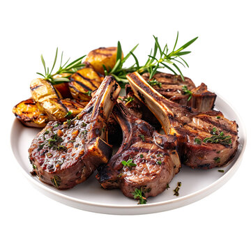 front view of Cumbrian Grilled Lamb with succulent grilled lamb chops, seasoned with Cumbrian herbs, served on a British grill plate,  isolated on a white transparent background 