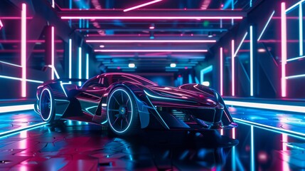 Futuristic car in a neon-lit corridor