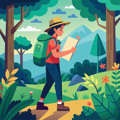 tourism, forest, map, walk, hiking, camp, tent, fire, camping, recreation, vacation, illustration, vector, art