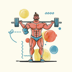 red white black modern style minimalist lines of a strong muscle pose strong body builder anatomy man at gym with bundle Doing exercises in all body positions using different gym equipment