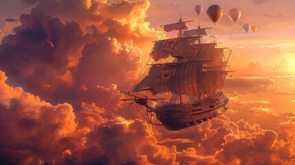 imaginary a pirate ship with wing like paddles with balloons holding it in the cloudy sundown orange sky 