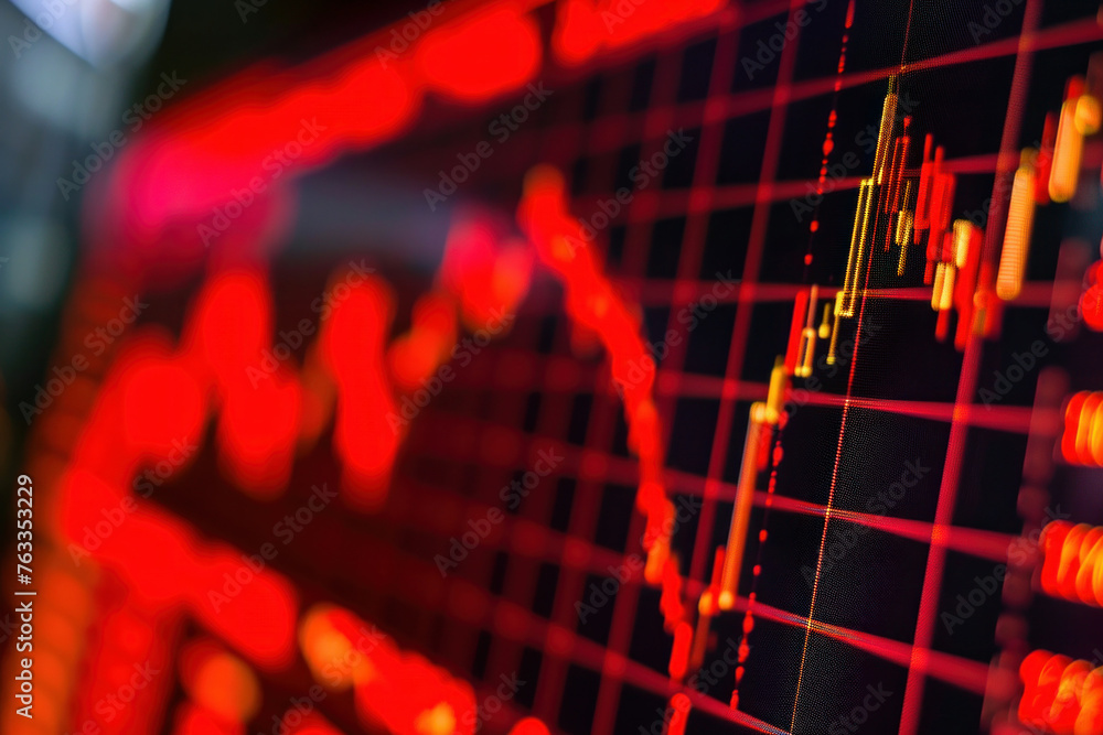 Poster closeup view of stock market chart on computer screen in front of red light