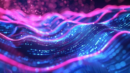 Neon waves intertwine with digital bokeh lights