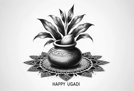Sketchy style illustration for ugadi with a traditional earthen pot with a coconut and mango leaves.