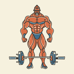 Fototapeta na wymiar red white black modern style minimalist lines of a strong muscle pose strong body builder anatomy man at gym with bundle Doing exercises in all body positions using different gym equipment