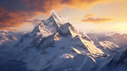 Majestic Snow-Covered Mountain Under Cloudy Sky - obrazy, fototapety, plakaty