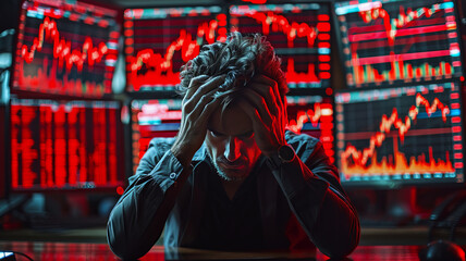 A stressed stock trader surrounded by plunging stock charts on computer monitors, conveying disappointment.generative ai