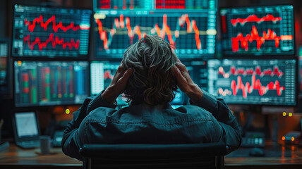 A stressed stock trader surrounded by plunging stock charts on computer monitors, conveying disappointment.generative ai - obrazy, fototapety, plakaty