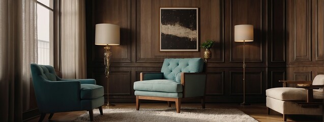 Classic armchair near paneling wall with empty poster frame with copy space, Home interior design of mid century living room