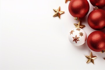 christmas balls on a white background with gold stars.