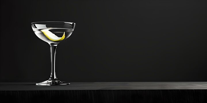 Elegant martini glass with twist on black background, cocktail presentation. perfect for bar and restaurant menus. simple and classy drink image. AI