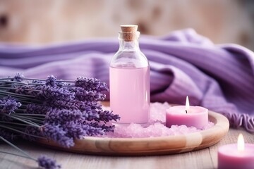 Obraz na płótnie Canvas lavender salt and candles, a wooden tray with bottles of perfume and a cloth with purple flowers. lavender spa still life