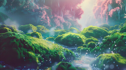 Ethereal light bathes a scene where moss-covered stones are arranged artfully on a pastel canvas,...
