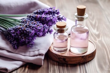 Fototapeta na wymiar a wooden tray with bottles of perfume and a cloth with purple flowers. lavender spa still life