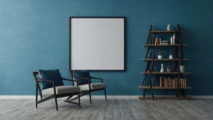 Wall with empty mockup frame on blue background