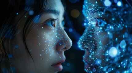 Woman Gazing at Luminous Digital Interface. Generative AI.