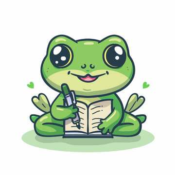 green frog write on the book