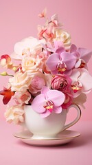 Vertical photo of a cup with pink flowers in it roses, orchids on a pink background