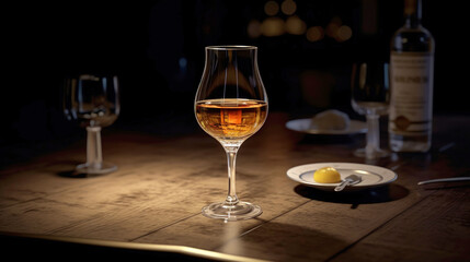 Wine glass with Calvados on a wooden table, dark background.
